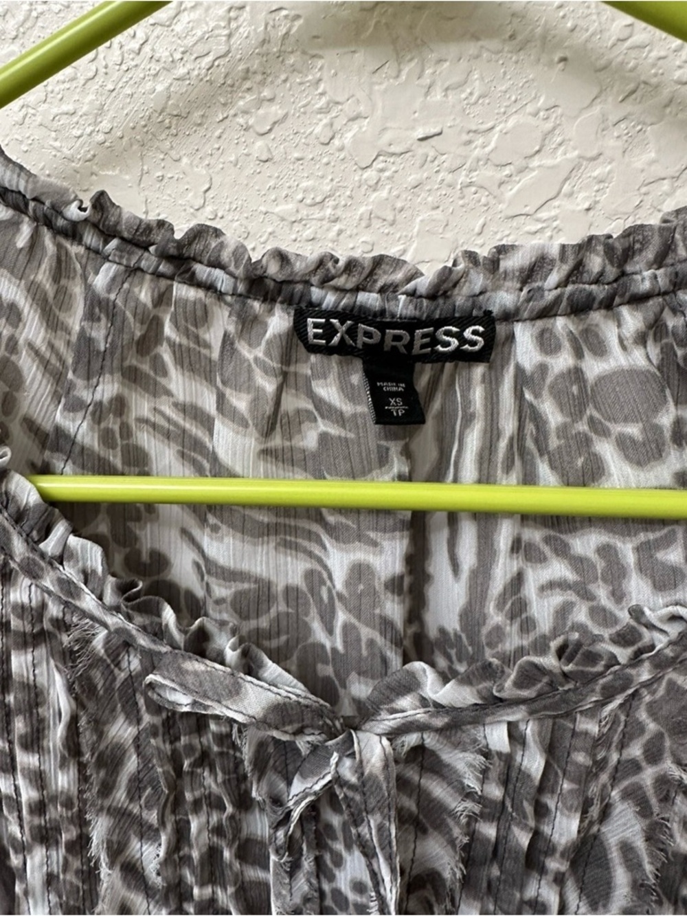 Express Gray Animal Print Pintuck Tie-Neck Blouse - Picture 2 of 3